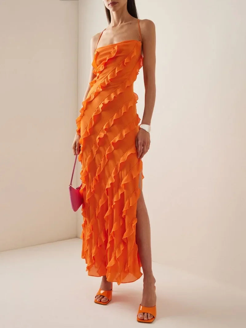 Long Dresses Spring Summer Strapless High Waist Backless Ruffles Bandage Formal Evening Party Dress