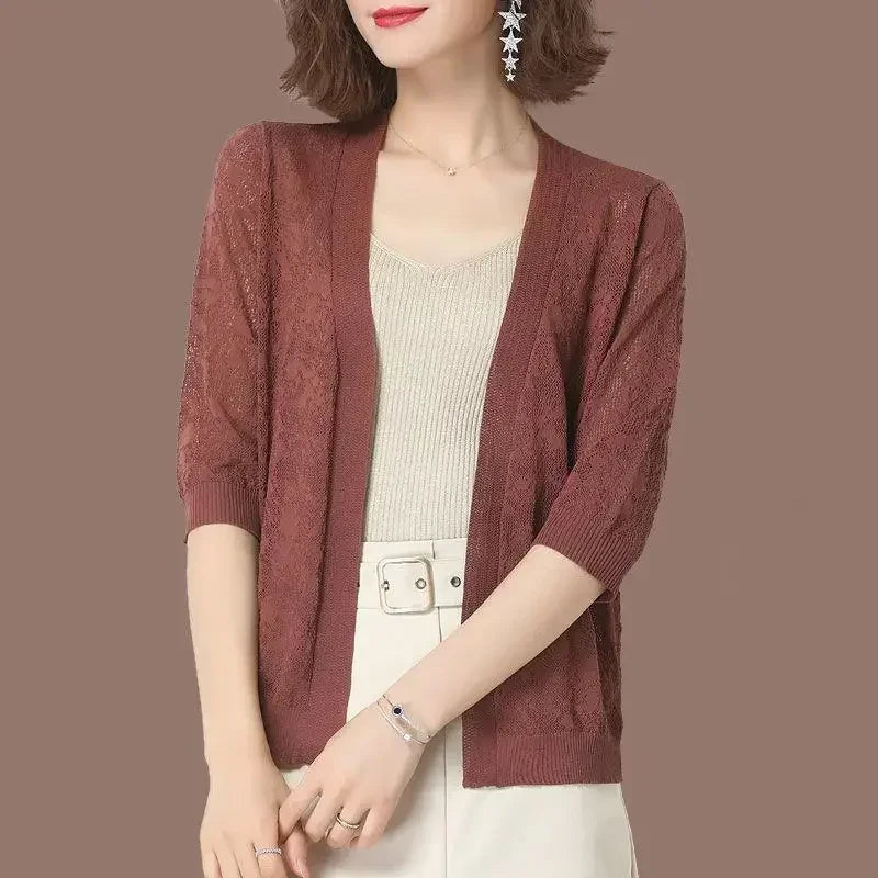 Hollow Lace Sunscreen Cardigan Sweater Wide Loose Air Conditioning Knitted Sweater Thin Section Female Spring Autumn