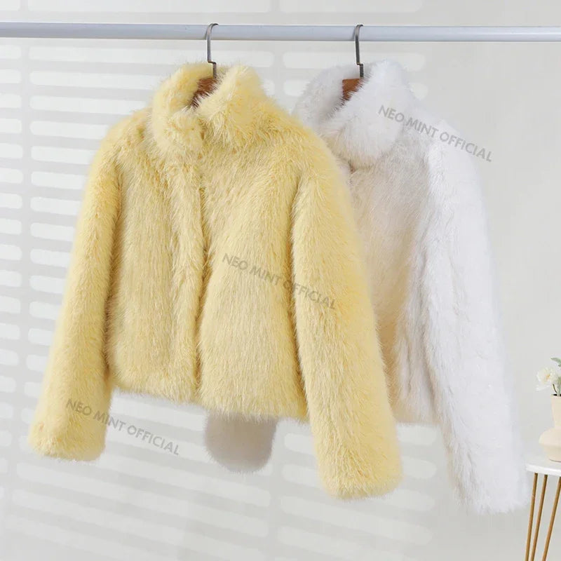 Brand Iconic Kendall Jenner Snow White Fox Fur Jacket Winter Fluffy Warm Faux Fur Coat