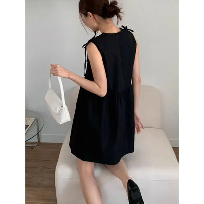 High Street Laceup Pleated Loose Tank Dress Summer New Korean Oneck Color Sleeveless Mini Dress
