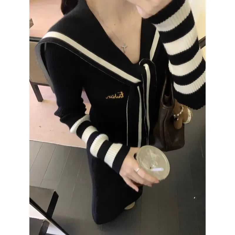 Autumn New Japanese Contrast Color Patchwork Laceup Long Sleeve Cardigan + Loose Knitted Aline Skirt Twopiece Suit