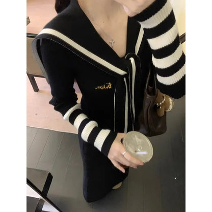 Autumn New Japanese Contrast Color Patchwork Laceup Long Sleeve Cardigan + Loose Knitted Aline Skirt Twopiece Suit