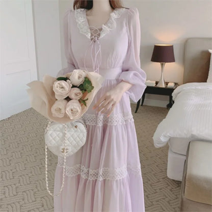 French Fairy Midi Dresses for Lantern Sleeve High Waist V-neck A-line Princess Party Dress Female Vestidos