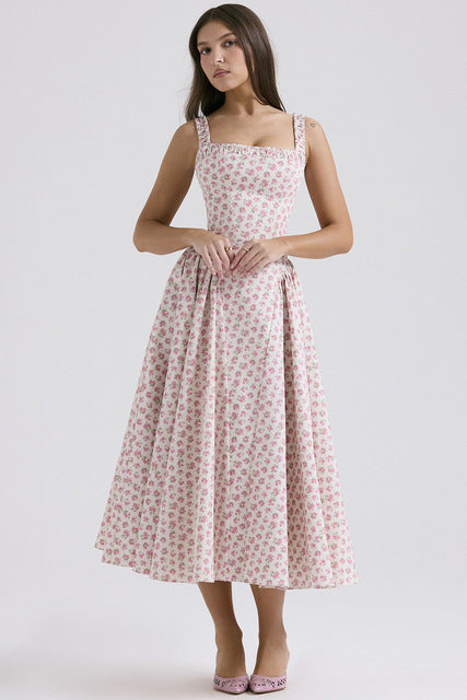 Flower Print Spaghetti Strap Dresses Backless Low Cut Folds Vacation Style Slim Midi Dress Female Vestidos