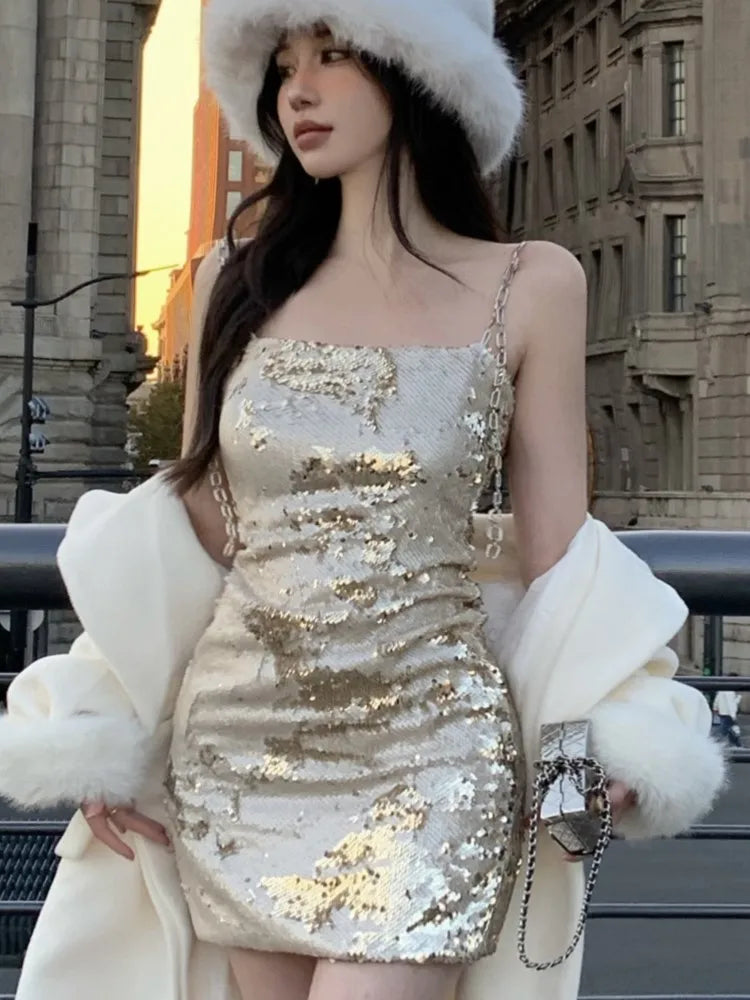 Mini Dress Autumn Winter Trend Sequins Spaghetti Strap Dresses Slim Hot Girl Evening Party Clothing