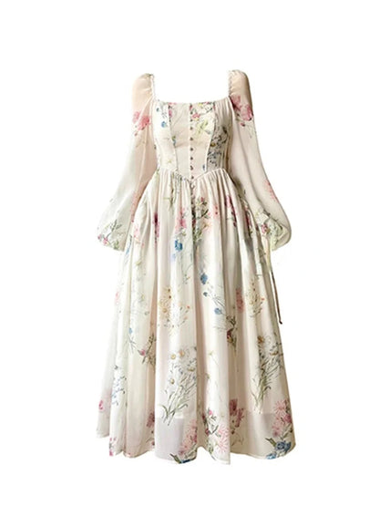 French Print Dress Square Collar Spring Summer Long Sleeve Dress for Sweet Leisure Midi Dress