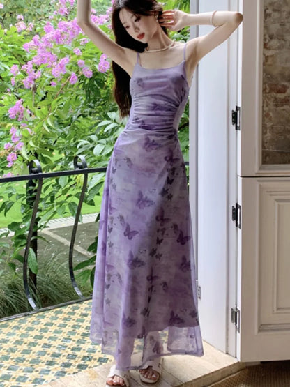 Printed Long Dresses for Mesh Spaghetti Strap Slim A-line Party Dress Summer Korean One Piece Vestido Mujer