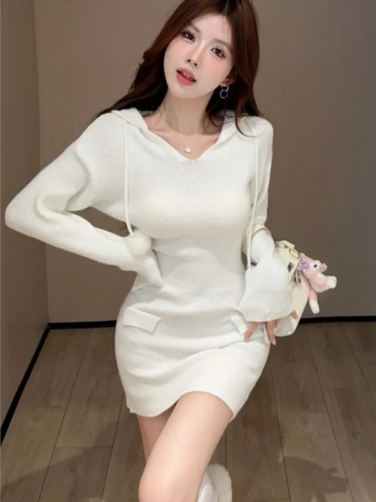 Autumn ’s Knitted Dresses for Hoodies V-neck Long Sleeve Bodycon Short Dress Korean Vestidos Mujer New