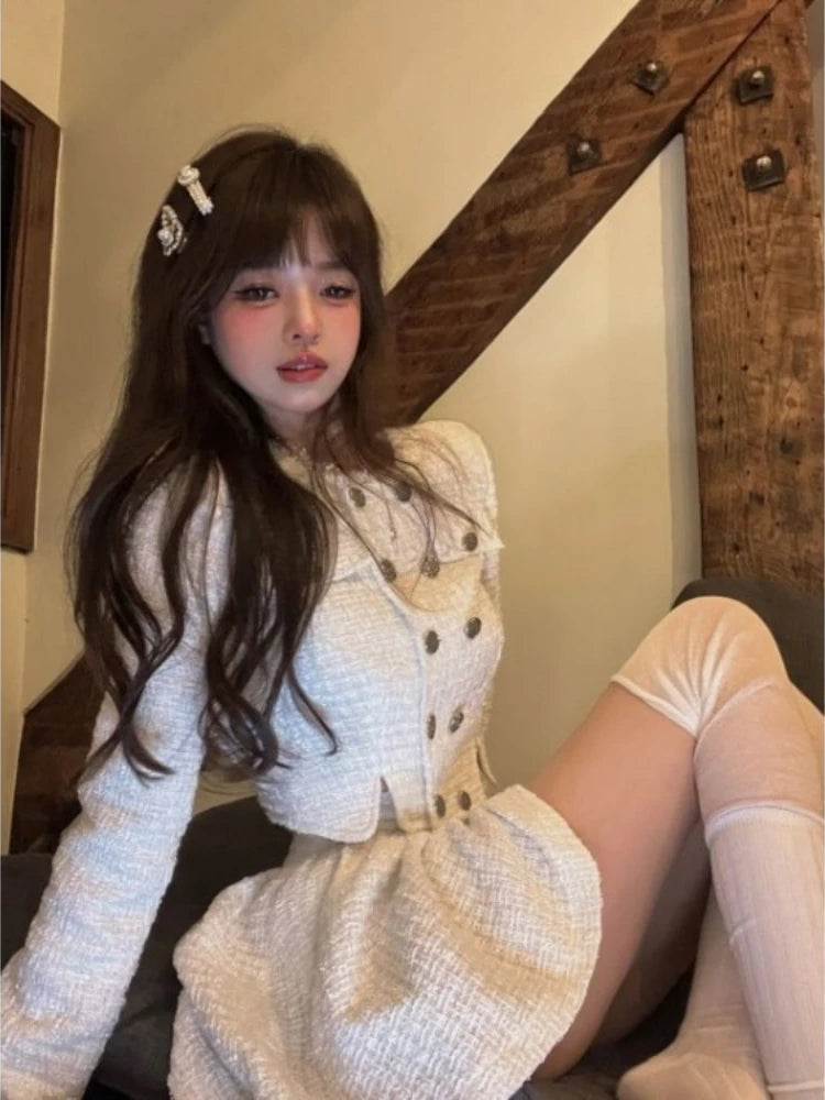 Sweet Double Breasted Long Sleeve Coat + Y2k Egirl High Waist Ruched Aline Skirts Spring New Two Piece Sets