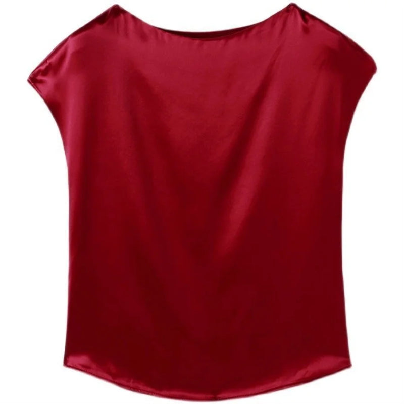 Office Lady Tops Summer Short Sleeve O-neck Blouses Satin Blouse Shirts Simple Loose Shirt Blusas Df4904