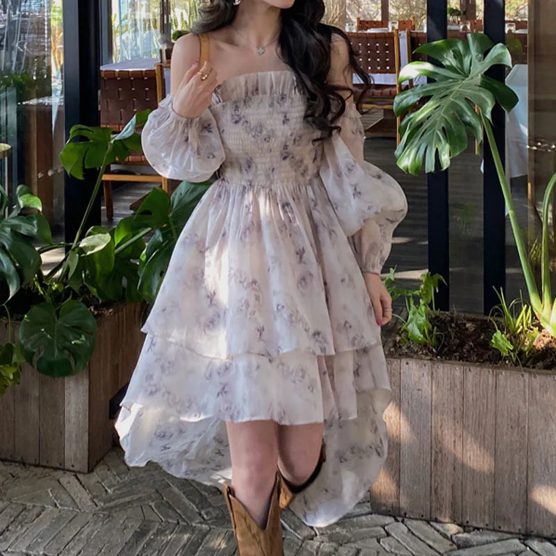 Brand Spring New Rose Gentle Long Dress Slim and Fragmented Flower Off Shoulder Bra Dress for