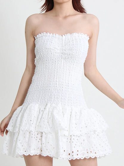 Embroidery Cut Out Woman Mini Dress Strapless Off Shoulder High Waist Vestidos Female Clothing Summer 23a430