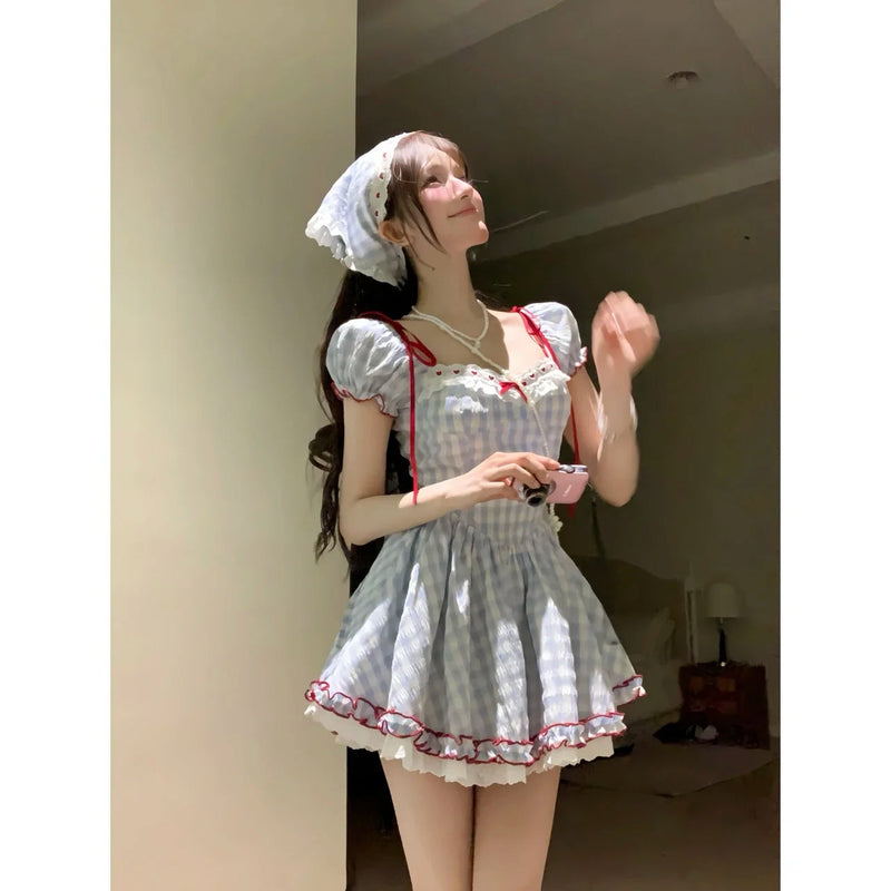 Japanese Kawaii Sweet Short Party Dress Sleeve Y2k Plaid Mini Dress Female Lolita Clothing Outfits