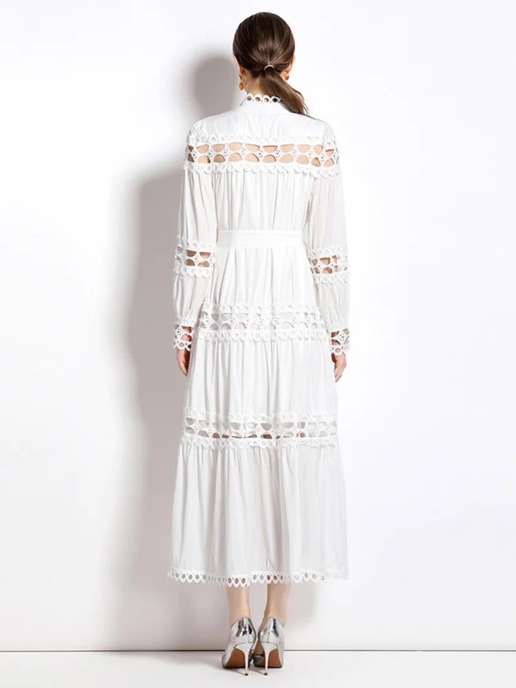 Dresses Skeleton Lace Splicing Stand Collar Single Breasted Dresses Aline Midi Dresses With Belt Party Clubwear