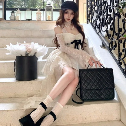 Y2k Lace Mini Dresses for Slash Neck Flare Sleeve A-line Ruffles Birthday Party Short Train Dress Korean Vestidos
