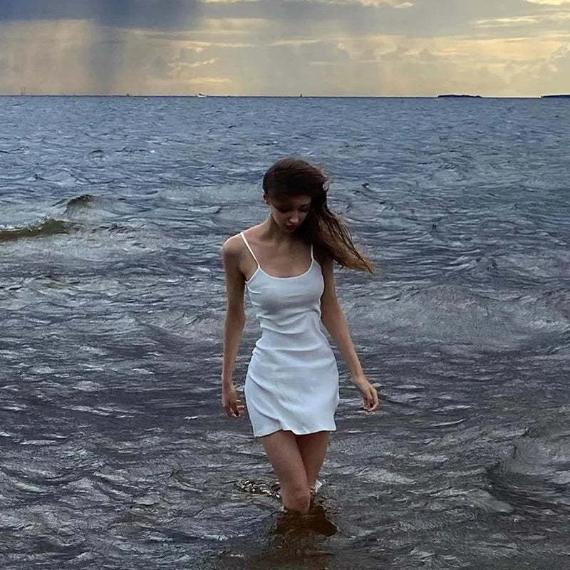Basic Dress for White Spaghetti Strap Sleeveless a Line Mini Dresses Y2k Clothes 2000s Aesthetic Dress Beach Wear