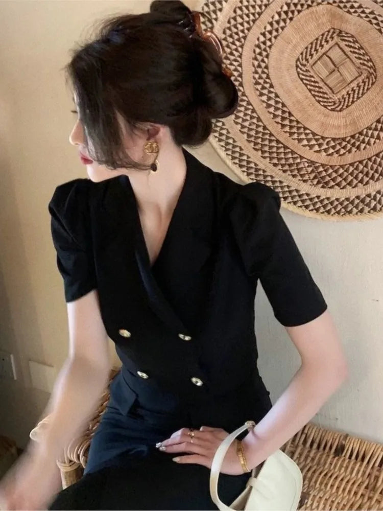 Summer Blouse Suits Purple Korean Short Sleeve Shirts +hight Waist Skirts 2 Pieces Set