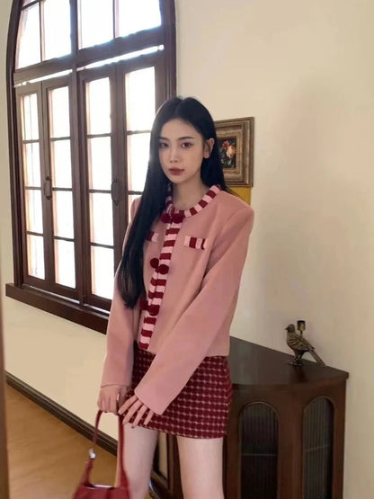 Sweet Hot Girl Suit Winter Woolen Longsleeved Cardigan Plaid Wrap Hip Skirt Twopiece Set Female Clothes