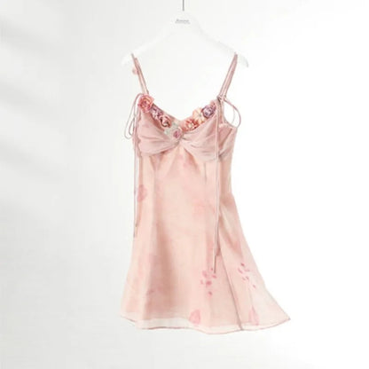 Summer French Spaghetti Strap Mini Dress Flower Frocks Party Evening Onepiece Y2k