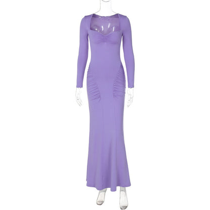 Square Collar Long Sleeve Long Dress for Gown Autumn Bodycon Maxi Dress Clubwear