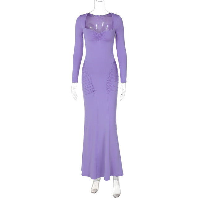 Square Collar Long Sleeve Long Dress for Gown Autumn Bodycon Maxi Dress Clubwear