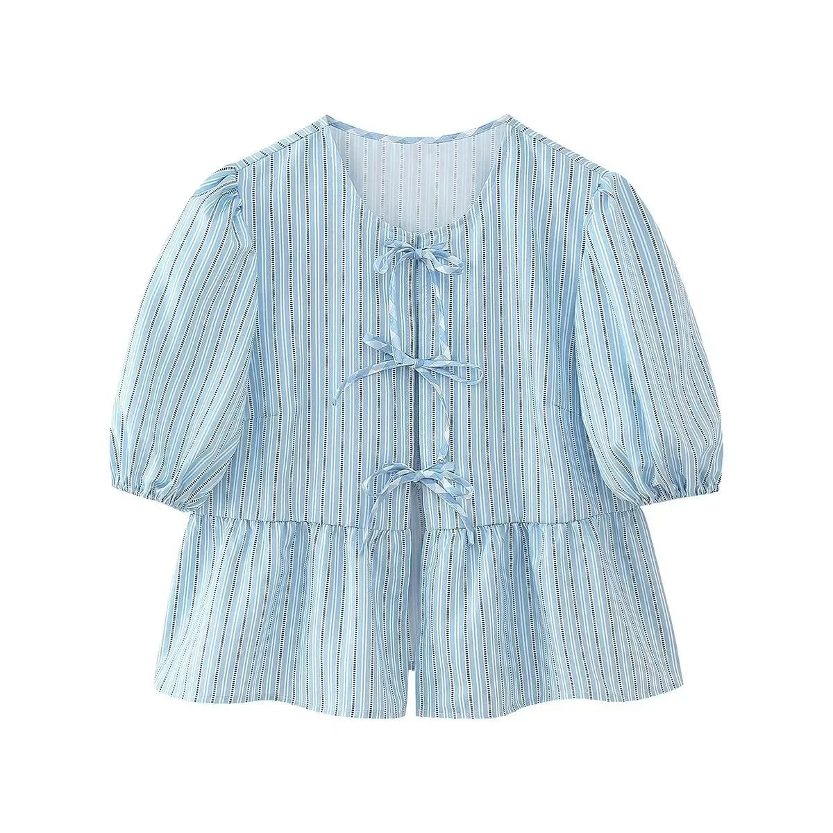 Summer Woman Bow Tied Lace Up Shirts Puff Short Sleeves Blouse Oneck Ruffle Color Tops