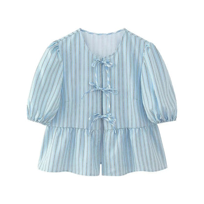 Summer Woman Bow Tied Lace Up Shirts Puff Short Sleeves Blouse Oneck Ruffle Color Tops