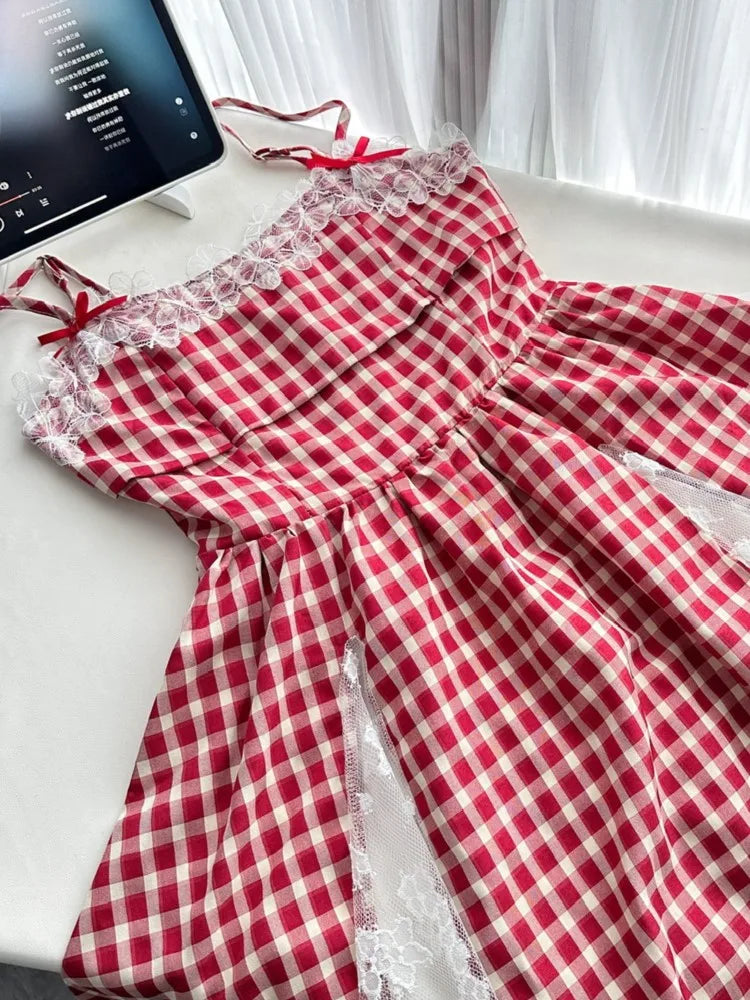 Y2k Red Plaid Mini Dresses for Spaghetti Strap Lace Patchwork A-line Birthday Party Dress Korean One Piece Vestido