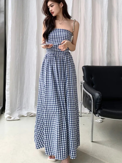 Strapless Midi Dresses for Striped Sleeveless A-line Korean Summer New Party Dress Vestidos Mujer