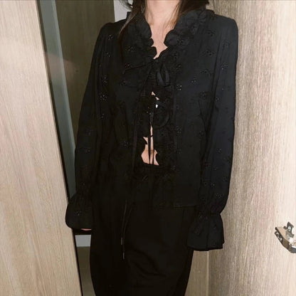 Vneck Ruffled Laceup Loose Longsleeved Shirt Summer New Korean Hollow Color Blouse