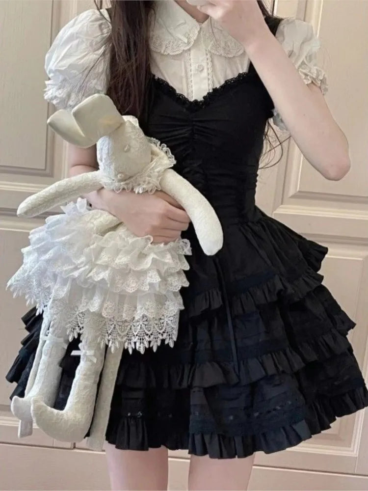 Y2k Two-piece Dress Set Puff Sleeve Shirt Black A-line Ruffles Cake Mini Dress Korean Suit Summer New Outfit