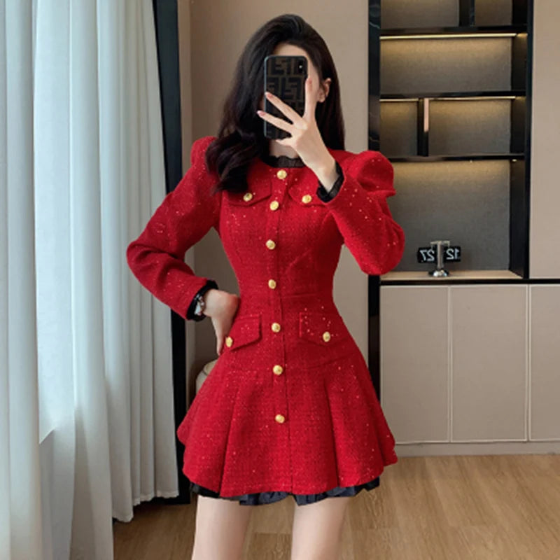 New Tweed Pleated Mini Dress Autumn Long Sleeve Korean Style Single Breasted Ruffle Office Lady Dresses