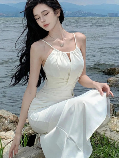 Spring Beige Long Dress New Spaghetti Strap Dresses Female Evening Party Prom Robe Summer Satin Gown Mujer