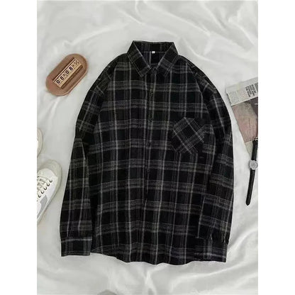 Oversized Plaid Shirts Long Sleeve Blouses Harajuku Korean Pocket Loose All Match Tops New