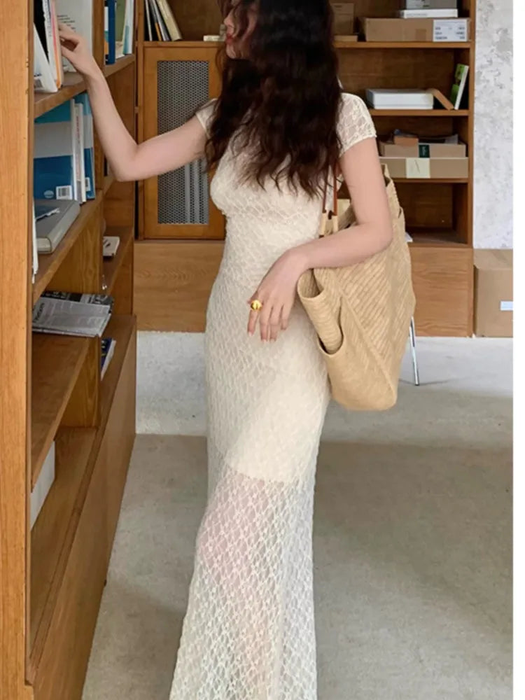 Mesh Two Piece Dress Set Slim Midi Dresses for Frence Retro Lace Y2k Bodycon Birthday Party Dress Prom Vestidos