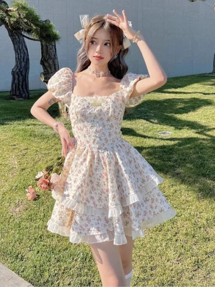 Print Mini Dress Spring Summer Hollow Out Princess Party Dresses Female Vestidos