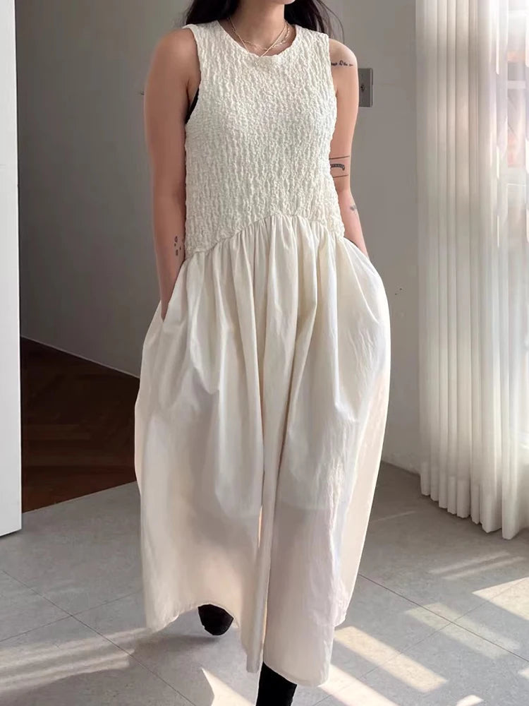 Long Dress Korean Summer Design Round Neck Pleated Texture Slim Fit Sleeveless Vest Vestidos