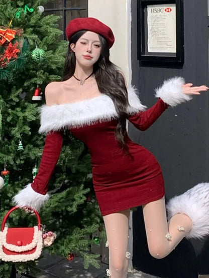 Y2k Christmas Mini Dress for Off Shoulder Slash Neck Patchwork Bodycon Party Dresses Winter Sweet Prom Vestidos Robe