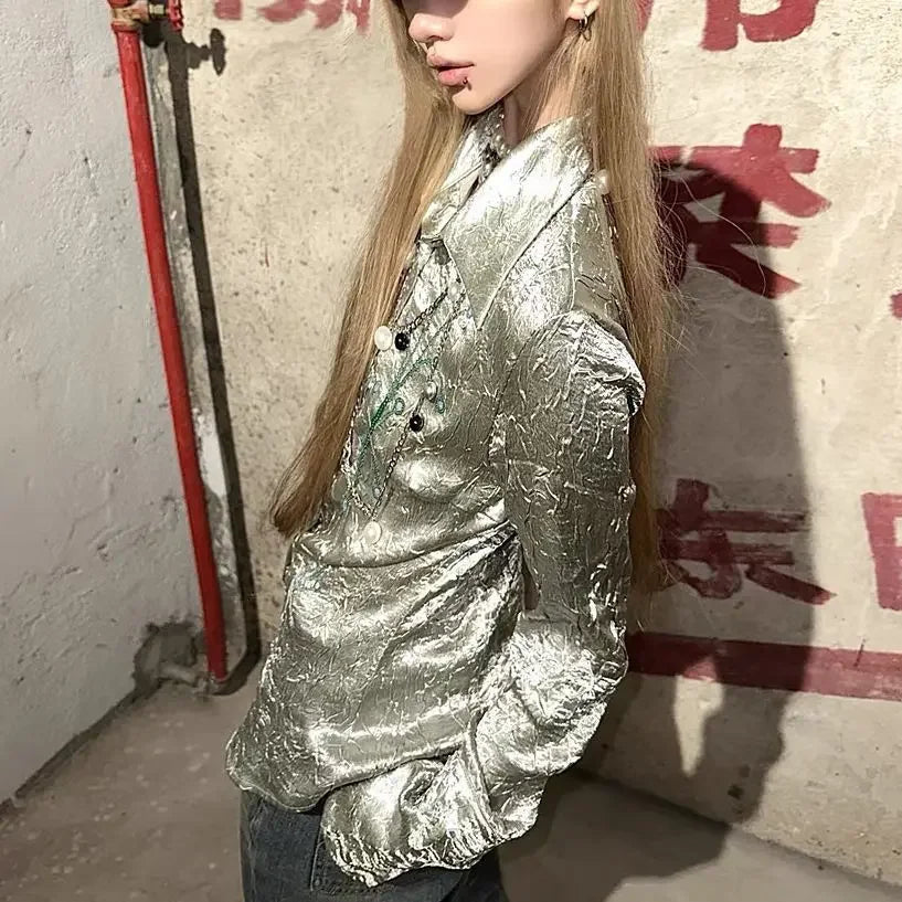 Metallic Luxurious Wrinkled Polo Collar Budding Plant Long Sleeve Shirts for Autumn New Loose Blouses Tops