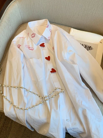 French Style Turn Down Collar Blouse Spring Print Heart Button White Long Sleeve Blusas Harajuku Loose Lip Shirt