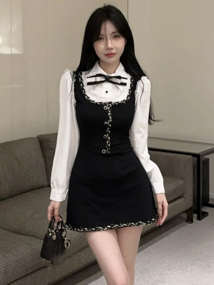 Y2k Fake Two Piece Mini Dress for Patchwork Long Sleeve Sweet Birthday Party Shirt Dresses Office Lady Vestidos