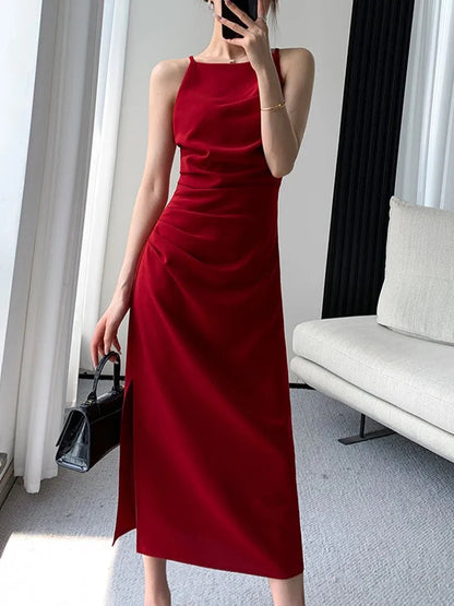 Summer Korean Slim Red Sleeveless Midi Dress New Spaghetti Straps Bodycon Split Clothes Office Lady Vestidos