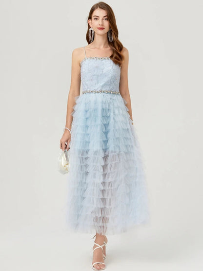 Pearls Sequins Diamonds Blue Mesh Cake Long Dress Spaghetti Straps Wedding Evening Party Bridesmaid Clothes