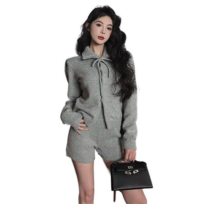 Sweet Hot Girl Suit Spring Turndown Collar Knitted Cardigan High Waisted Shorts Twopiece Set Female Clothes