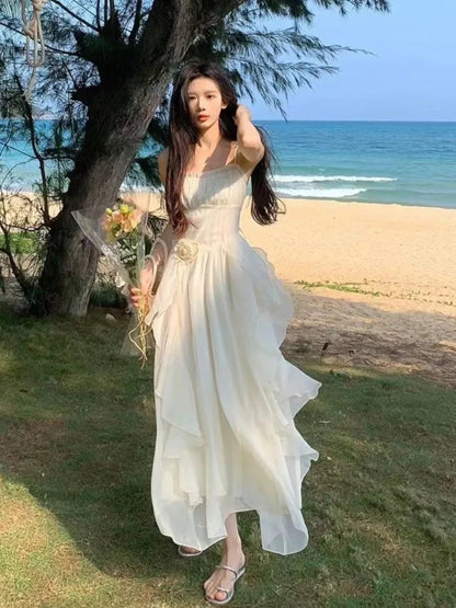 Irregular Ruffles Midi Dress New Summer Spaghetti Strap Beach Vocation Korean Female Vestidos