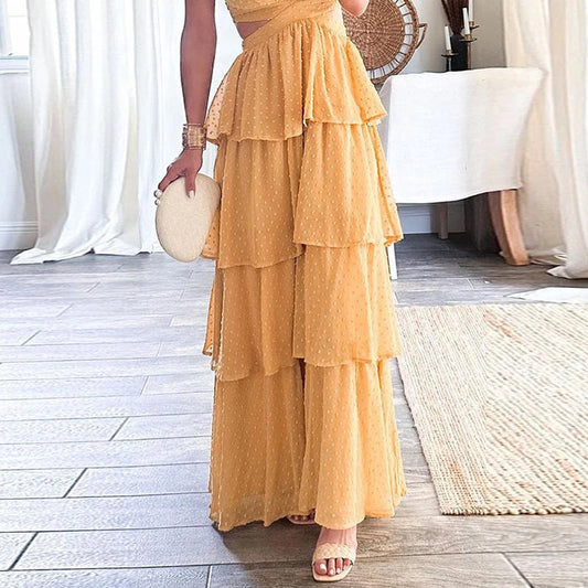Deep V Neck High Waist Party Dress Hollow Out Backless Chiffon Cake Dress Lady Temperament Holiday Sling Long Dress