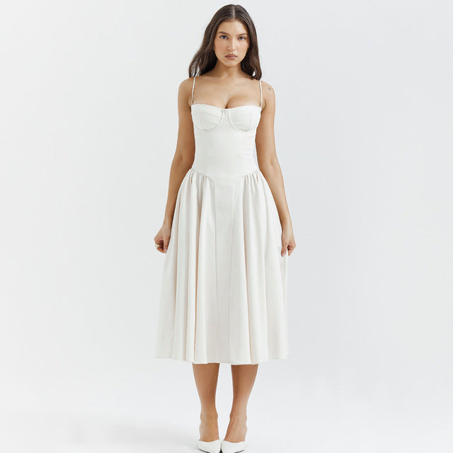 Spaghetti Strap Sleeveless A-line Midi Dress for Summer New Backless Pleated Slipdress Loose Dress