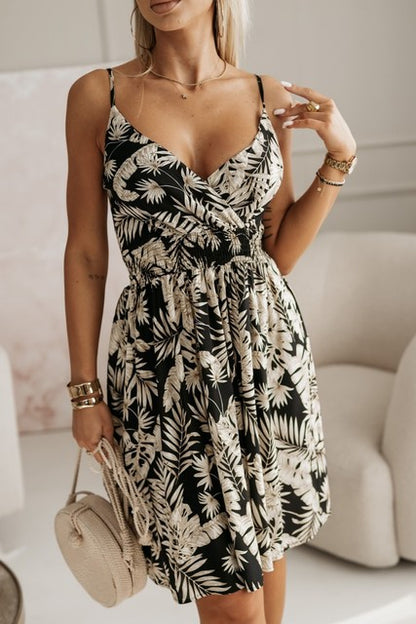 Summer Print Spaghetti Strap Dresses V-neck Vacation Style Midi Dress Temperament Vestidos