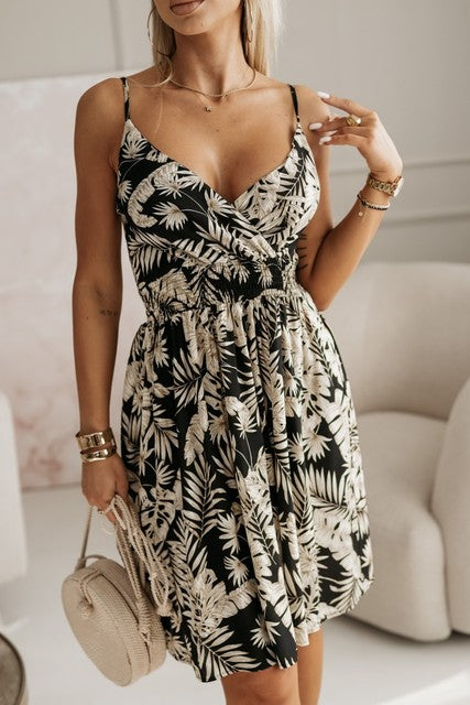 Summer Print Spaghetti Strap Dresses V-neck Vacation Style Midi Dress Temperament Vestidos