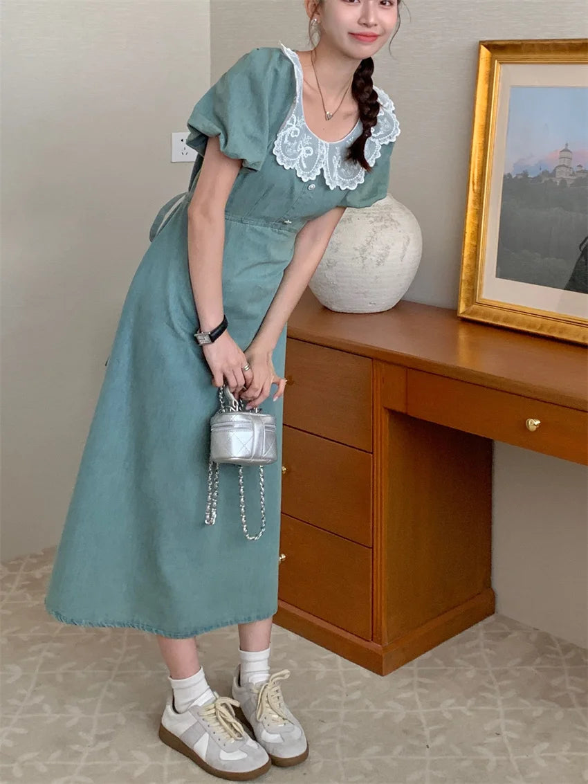 Princess Gentle Maxi Dress Slimfit Summer Short Sleeve Sweet Office Lady All Match Daily